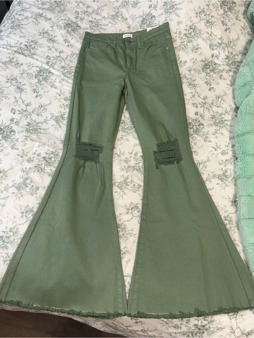 Boot Barn High-Rise Olive Green Flare Jeans with Knee Distress - Unknown Brand